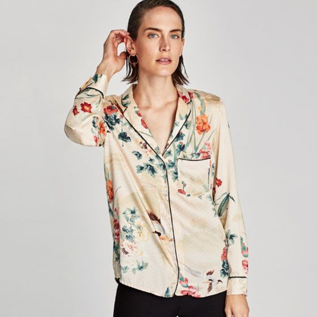 New Zara Basic Collection Crane Blouse Sz M Soft As Silk Birds Floral